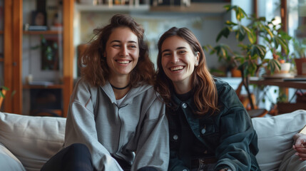 Wall Mural - A romantic portrait of two young lesbian women at home. Two beautiful women are sitting on the couch and smiling at the camera