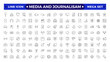 © artshuvo - Journalism and mass media outline icon set. Vector illustration. Containing  microphone, journalist, press conference, newspaper social networks, public communication, and networking.