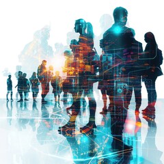 Wall Mural - Digital technology background with business people silhouettes and glowing light effects, symbolizing the integration of AI in the global network on a transparent white backdrop.