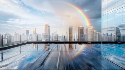 Wall Mural - Urban Rainbow: A vibrant rainbow arching over a modern city skyline, with tall skyscrapers and a bustling urban landscape beneath a clear blue sky.