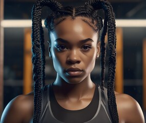 Generative AI image of a confident African American female boxer with braids and sweat all over her standing in a gym
