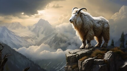A majestic mountain goat perched precariously on a rocky outcrop, surveying the breathtaking landscape below with a sense of calm confidence.