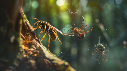 A yellow and black wasp is attacking a spider