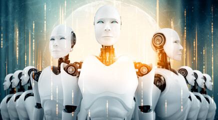 Poster - MLB 3d illustration 3D illustration of robot humanoid group in concept of future artificial intelligence and 4th fourth industrial revolution.