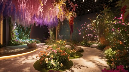 Wander through the Starry Blooms Oasis,flowers. Generative Aie in a room filled with celestial magic