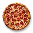 © Mr_Studio - A pepperoni pizza with a golden crust sits on a white counter.