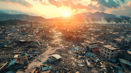 Poster - Evening light over the ruins of a city destroyed by an earthquake, representing visual content for news reports and emergency articles. Concept: Aftermath of natural disasters. For news reports and