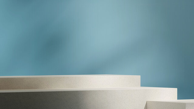 in landscape light blue wall, rendering 3d blank mockup beige ceramic block podium
