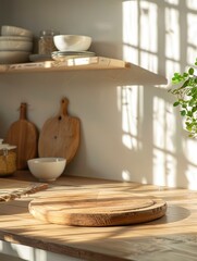Canvas Print - Wooden board with wooden pedestal and free space for your decoration. Kitchen interior with shelfs. Sun natural light and shadows. Mockup place for your products - generative ai