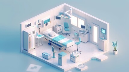 Wall Mural - A hospital room with a bed, a refrigerator, a chair, a computer, isometric style