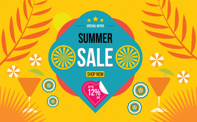 Invitation for shopping with 12% off. Happy summer background in flat cartoon design. Hello summer poster design. Summer Sale banner, hot season discount poster with tropical leaves.