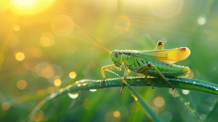 Wall Mural - A green grasshopper is sitting on a wet leaf