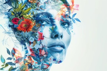 Wall Mural - Abstract art portrait of young beautiful woman with colorful flower on face. Contemporary art of pretty female represent bright spring garden with nature human and beauty young femininity. AIG42.