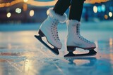 Close-up of legs on skates in winter on an open skating rink