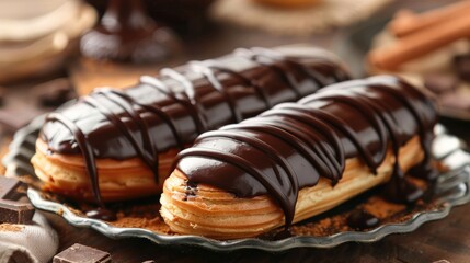 Wall Mural - Traditional French dessert chocolate filled eclairs
