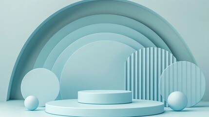 Sticker - cylinder pedestal podium with pastel blue in semi circle backdrop. Generative Ai