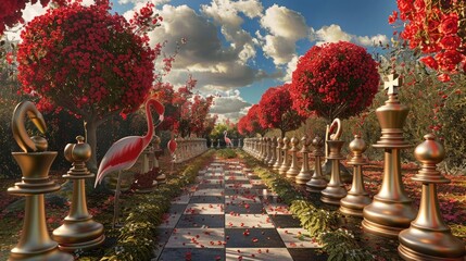 Sticker - Maze garden 3d render illustration. Chess, golden flamingo, trees with red flowers and clouds in the sky. Alice in wonderland theme.