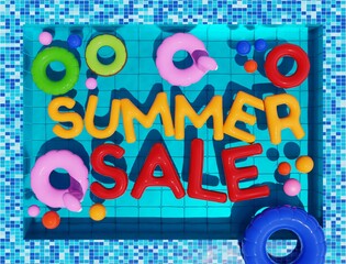 Wall Mural - Summer sale 3d render decoration template. Summer pool party 3d illustration background banner