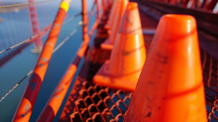 The bright orange safety cones below serve as a reminder of the importance of caution when working at such high altitudes.