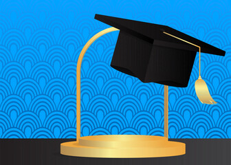 Wall Mural - Mockup product display with Mortarboard. Vector Blue, Black and Gold cylinder pedestal podium. Stage showcase for presentation. Minimal geometric forms.