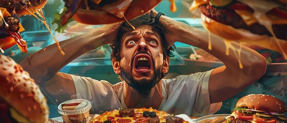 A man holds his head in horror as he sits at the table with many different fast food dishes, such as pizza and burgers, while looking into camera, colorful illustration style, detailed facial features