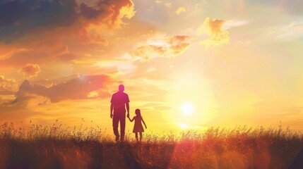Canvas Print - silhouette father with little daughter walk at sunset. father's day background concept