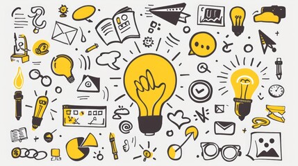 Creativity and innovation doodle icons collection. Hand drawn yellow color clip art. Good idea, business start up concept. Success management set of elements for finance growthing