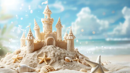 sand castle with seashells and starfish on the beach background, summer vacation concept banner for 