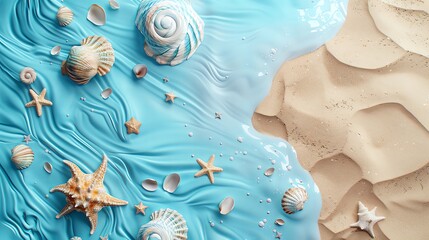 3d rendering summer background with seashells, sand and palm leaves on blue water surface. Top view. Space for text