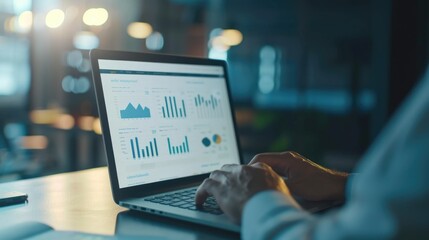 Wall Mural - Cropped photo of businessman analyzing business diagram, marketing statistics and finance market graphs on laptop monitor in the office