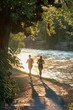 © Warakorn - High-detail photo of a couple jogging along a riverside trail, warm sun reflecting off the water and highlighting their movements