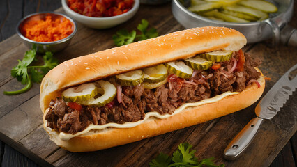 Delicious Philly cheesesteak with chopped beef peppers, caramelized onions with pickles and provolone cheese in a crisp hoagie roll. Traditional American cuisine