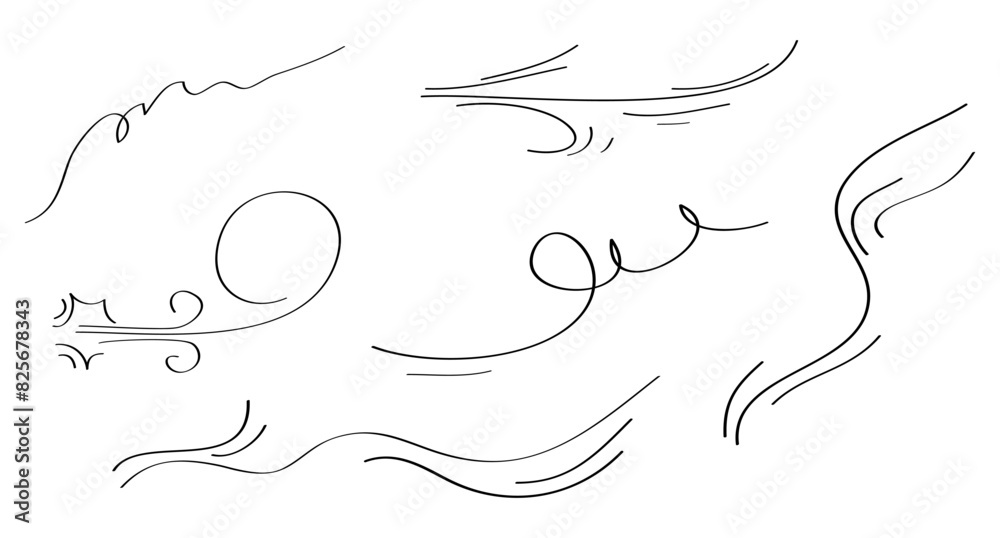 Doodle wind blow, gust design isolated on white background. vector hand ...
