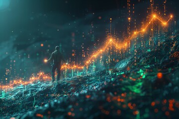 Poster - Man Observing Digital Financial Growth Chart. Man standing on a futuristic landscape, observing a digital financial growth chart with glowing data points and lines.