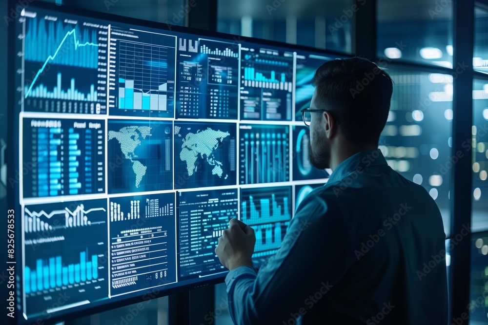 Man Monitoring Global Data Analytics on Multiple Screens. Man in a dark office setting monitors global data analytics and statistics across multiple high-tech screens.