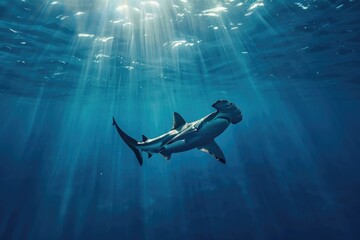 Sticker - hammerhead shark dive on sea under water view