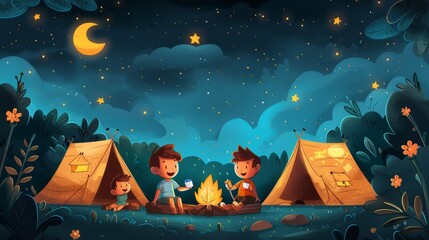 Wall Mural - Cartoon vector illustration of a camping trip with tents, a campfire, kids roasting marshmallows, and a starry night sky