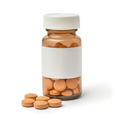 bottle of orange round pills with a white label on the front on a white background