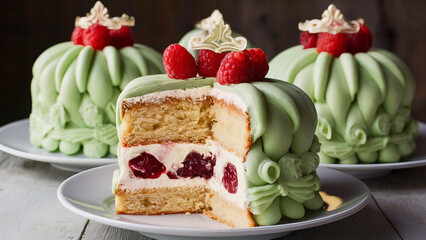 Wall Mural - Iconic Swedish Princess layer cake with soft sponge whipped cream and raspberry jam. Covered with green almondy marzipan