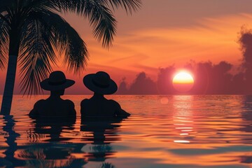 Wall Mural - Silhouette of a couple wearing sun hats sitting by the pool at sunset, with a tropical island background, rendered