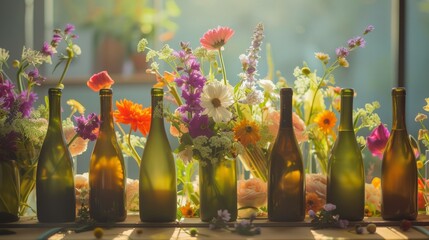 A sustainable upcycling concept showcasing discarded wine bottles creatively transformed into stunning vases, filled with fresh blooms and displayed as a centerpiece on a dining table,