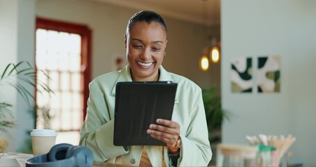 Poster - Home, typing and woman with tablet to chat, message and networking with contact. House, technology and connection with female person for social media, browsing and online for website with smile