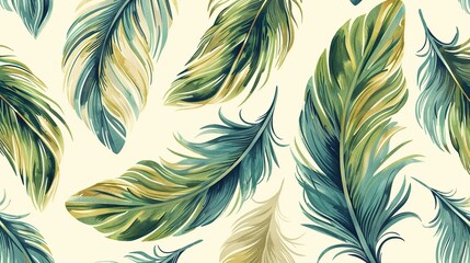 Majestic feathers in teal and lime green, set against an off white background