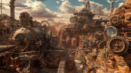 Wall Mural - Delve into a world of steampunk wonder with a mesmerizing map showcasing the rugged terrain and industrial marvels of a desert landscape, complete with intricate gears, cogs, 