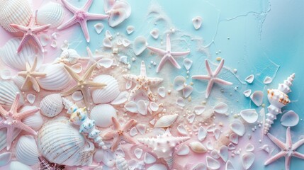 Abstract background of pastel colored starfish and seashells. Beautiful background 