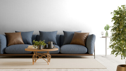 Wall Mural - a blue couch with pillows and a table with a potted plant