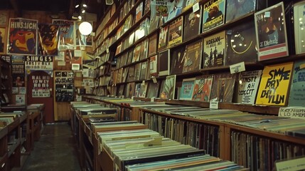 The walls of a vintage record store are adorned with posters and merchandise from an album that is being celebrated during a special listening event drawing in music aficionados from