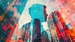 © Sompoch - A double exposure photo collage featuring a businesswoman and skyscraper buildings adorned with colorful graphic elements.