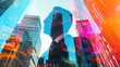 © Sompoch - A double exposure photo collage featuring a businesswoman and skyscraper buildings adorned with colorful graphic elements.