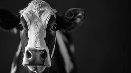 Wall Mural - close up image of a beautiful cow in black and white against a dark background
